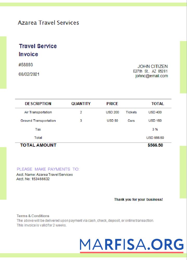 Blank USA Azarea Travel Services invoice example